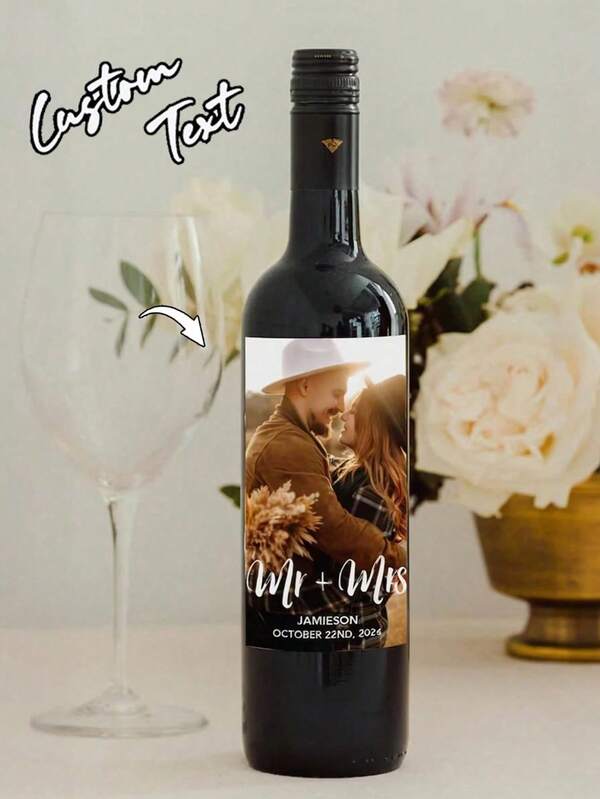 4Pcs Custom Photo Wine Label - Personalised Photo Wine Bottle Labels,Wine Bottle Stickers,Customizable,Personalized Wine Label - Engagement Gift - Wedding Wine Label - Proposal Gift - Gift For Couple - Anniversary,Personalized Wine Bottle Labels, Custom Sticker Image And Text For Wedding, Save The Date Surveniel Decor Sticker,