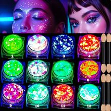 Gel nhũ UV 12 màu khô nhanh phát sáng trong bóng tối kèm 4 cọ, nhũ nước dạng hạt, nhũ cơ thể phát sáng cho nữ, nhũ neon đen tự dính cho lễ hội âm nhạc Mardi Gras Carnival, phụ kiện trang phục tiệc Halloween DIY, lễ hội Rave Edm - Nhiều màu - Xem 9