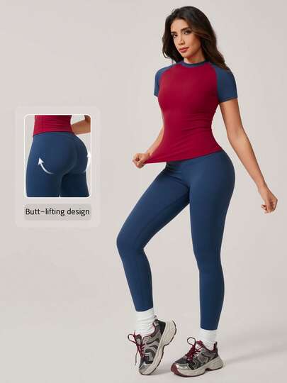 NcmRyu 1 Set Women's Casual Patchwork Contrast Color Elastic Crew Neck Short Sleeve Pants Sports Suit