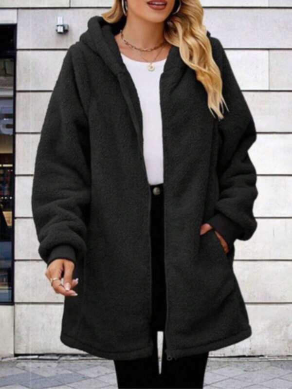 2025 Winter New Loose Plush Plus Size Women Hooded Zip-Up Cardigan Jacket Black