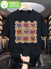 Camiseta gráfica de calabaza de Halloween para hombre - Negra con calabazas amarillas y naranjas, cómoda camiseta de manga corta con cuello redondo para gimnasio, correr, pesca y ropa casual, tejido duradero, corte H, perfecta para actividades al aire libre - Negro - Ver 2