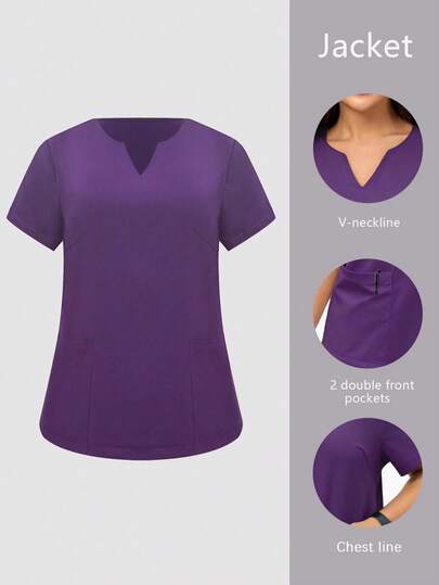 cimmuovere Plus Size Women's Round Neck Cutout Short Sleeve Double Pocket Solid Color Scrubs Nurse Scrubs Workwear Dentist Healthcare Pet Hospital Laboratory Top