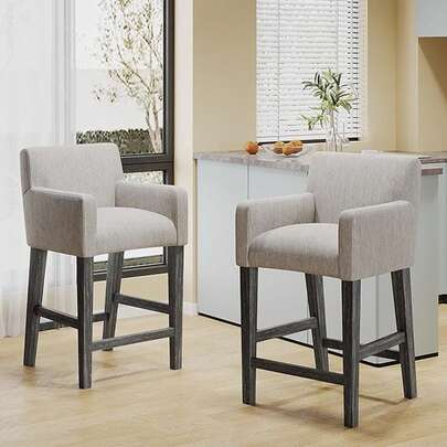 Modern Counter Stools Set Of 2 - 26" Height Light Gray Upholstered Stools With Armrests, Rubberwood Base