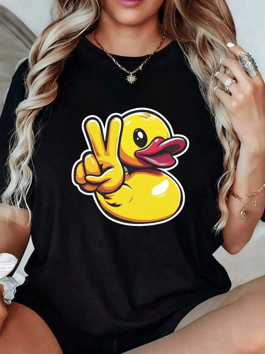 Blusas para mujer,blusas elegantes dama,playeras de mujer,tops de mujer,Pato de la paz camiseta blanco y negro estampado, estampado pato símbolo paz, camiseta alta calidad, cuello redondo, corte holgado básico, transpirable, versátil, lavable a máquina, cómoda, talla S ~ 2XL, diario, casual, deportes, imprescindible verano. - Negro - Ver 1