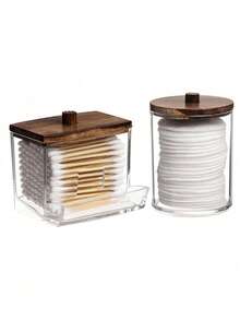 4 Packs Qtip Cosmetic Containers, 10/7 Ounce Round Cosmetic Cleaning Swab Dispenser, Medicine Bottle With Bamboo Lid For Organization And Storage,For Holiday Beach, Bathroom Collection, Bedroom Collection, Large Capacity