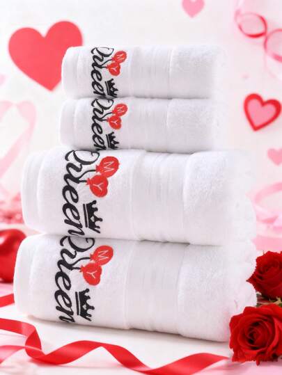 1条浪漫情人节爱心刺绣缎面加厚吸水毛巾，柔软亲肤，可作面巾、浴巾、毛巾、浴室套装、毛巾布、桑拿浴巾、浴室配件、情人节礼物、给伴侣的每日惊喜浴巾