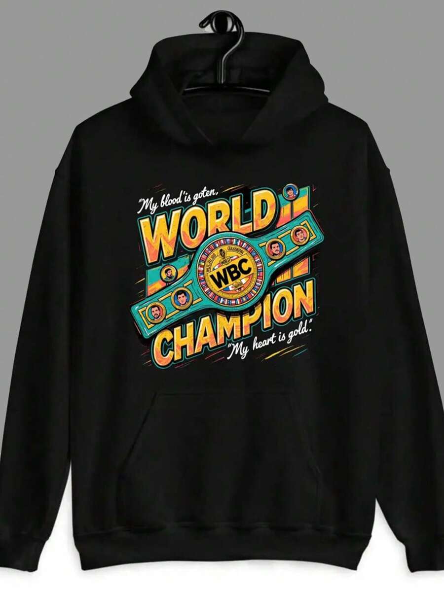 WBC World Champion Boxing Graphic Hoodie - "My Blood Is Golden, My Heart Is Golden!" Empowering Slogan Print Pullover Sweatshirt - Stylish Long Sleeve Hooded Top With Front Pouch Pocket - Casual Streetwear For Sports Fans, Men, Women, Unisex,Fall Hoodies,Men's Fall Clothes,Street Wear,Halloween,Mens Hoodies,Y2k Clothes,Jesus Hoodie,Thanksgiving Day,Nightmare Before Christmas,Christmas - 黑色 - 查看 1
