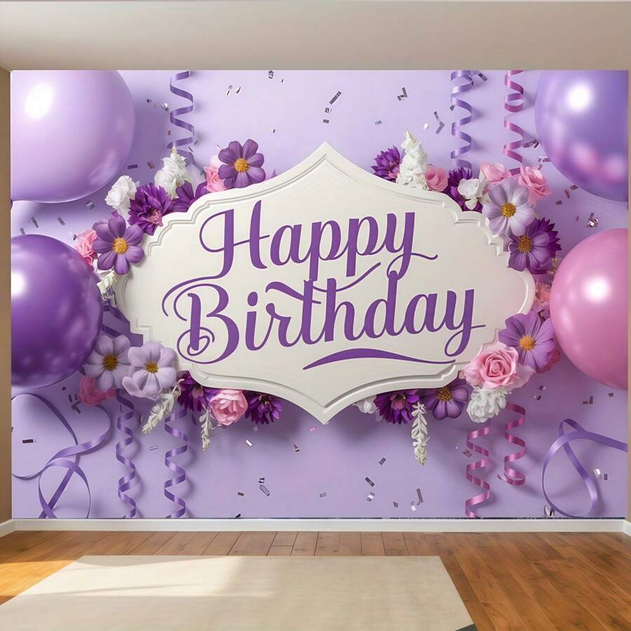 1pc Purple Balloon Happy Birthday Backdrop, Featuring Purple Balloons And Floral Design, Suitable For Birthday, Anniversary, Women's Portrait, Cake Table Decor, Home, Room And Event Photography Props, Available In Multiple Colors, Suitable For All Seasons, Can Be Used For Room Decor, Creating Holiday Atmosphere And Birthday Party Decoration. - Multicolor - View 1