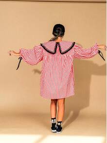 Nuevo vestido midi de manga larga bicolor a cuadros para mujer de primavera/otoño, estilo bohemio lindo adecuado para citas y salidas - Rojo - Ver 2