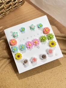 Set de 7/9/12 pares de pendientes de botón de resina con diseño de rosas y girasoles en 3D, adecuados para familia, amigos, uso diario y como regalo - Unitalla - Ver 9