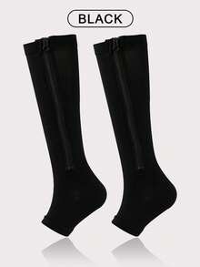 1双黑色休闲压缩袜，侧边条纹带拉链，露趾隐形设计，适合健身塑形，是绝佳的圣诞礼物和独特的新年礼物。