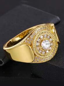 Hip-Hop Avant-Garde Large Dollar Sign Men's Ring With Sparkling Synthetic Cubic Zirconiaia Stones, Golden-Tone Statement For Parties, Christmas, Halloween & Daily Wear - Perfect Gift For Men, Hip Hop, Party Accessory, Design, Luxurious Appearance