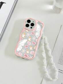 Cream Textured Wavy Edge Glossy Snowflake Gingerbread Man Lips Bow Painted Shockproof Phone Case With Chain Compatible With Iphone XR/7/8, 17/17 Pro/17 Pro Max/17 Air, 16/16 Pro/16 Plus/16 Pro Max, 15 Pro Max, 13, 14, 11, Galaxy S24, Galaxy S24+, Redmi Note 11/11 Lite - Multicolor - View 4