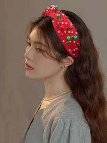 1pc Christmas Knot Faux Pearl Rhinestone Headband, Holiday Party Hair Accessory For Women ,Hair Hair Hoop