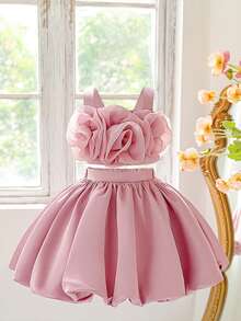 2pcs Young Girls Floral Decor Camisole Top And Skirt Set, Suitable For Birthday Party, Family Vacation, No Headband Included - Bụi hồng - Xem 2