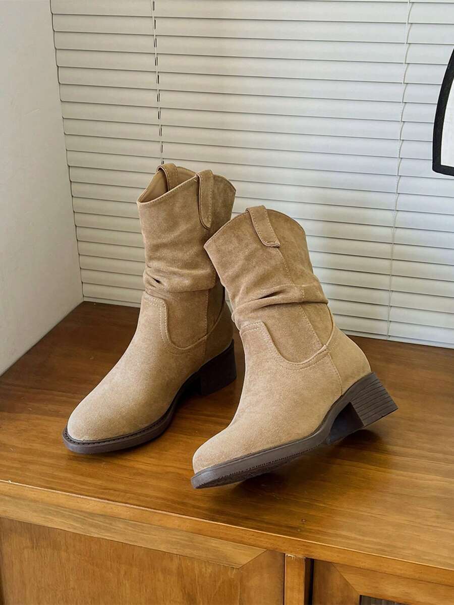 Mengshangli Round Toe Mid-Calf Boots, Solid Color Western Style Ruffle Trim Chunky Heel, Suitable For Holiday Party, Vacation, Autumn/Winter Short Boots For Women - Khaki - View 1