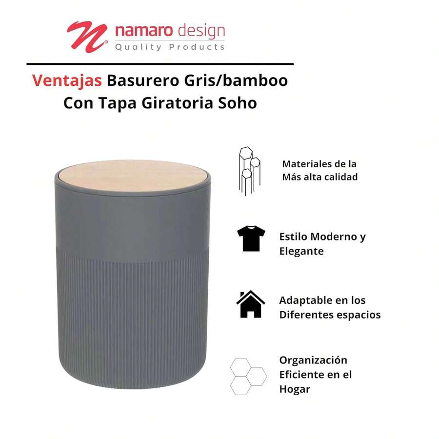 Basurero Gris con Tapa Giratoria Namaro Design| Diseño Soho con Detalle en Bamboo| Papelero Moderno para Oficina, Hogar o Baño| Capacidad Ideal, Práctico y Elegante - 1 - Ver 1