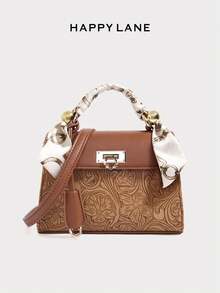 HAPPY LANE Fashionable Brown Patchwork Minimalist Style Handbag, Retro Vacation Vibe Shoulder Bag, Comes With Ribbon Accessory, Suitable For Business, Casual, Shopping, And School, Front Twist Lock Handbag, With Shoulder Strap, Crossbody Bag, Lightweight And Durable, Vintage Charm, Elegant And Unique Style For Women, Suitable For Any Occasion - Màu be - Xem 3