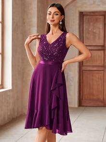 MIUSOL Sequin V-Neck Sleeveless Ruffle Hem Shiny Chiffon Ball Gown - Maroon - View 6