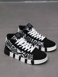 Pantofi sport sport casual confortabili pentru bărbați, cu șireturi înalte, cu model geometric, alb-negru, cu graffiti, cu litere patchwork, stil Fndy Personalities