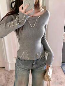 Beaded Triangle Distressed Knit Sweater, Pearl Embellished Women Pullover