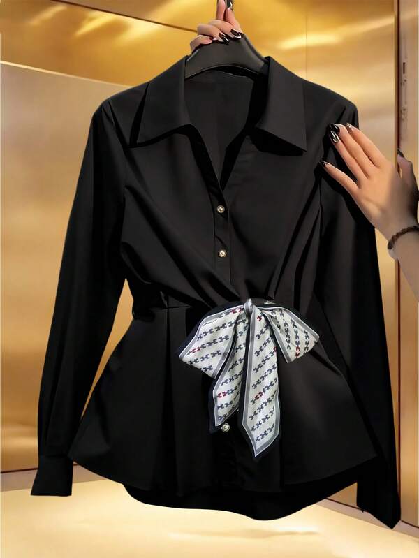Women's Black Long Sleeve Cinched Waist Scarf Tie Elegant Slim Fit Blouse, Suitable For Commuting And Outings, Spring/Summer