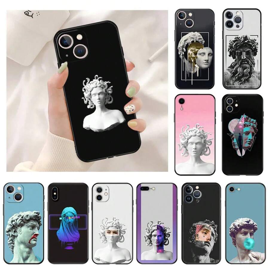 Funda de teléfono de silicona negra con arte de la estatua de David de Medusa de Michelangelo, compatible con iPhone 15 Pro Max, 14, 13, 12, 11, 15 Pro Max Mini, 7, 8 Plus, X, XR, SE, y también con Galaxy S17, S17 Pro y S17 Pro Max - b10 - Ver 1