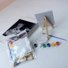 5-Piece Mini Art Painting Set - Stretched Canvas With Wooden Easel & 6-Color Acrylic Paint Kit - Complete Starter Pack For Acrylic Pouring, Oil Painting & Wet Art Media - DIY Miniature House Decor - Fall Creative Essential, Holiday Gift Idea, Beginner Artist Kit, Instagrammable Craft Project