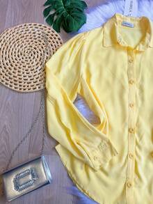 Women's Solid Button-Down Shirt CasualSP035 - Yellow - View 3