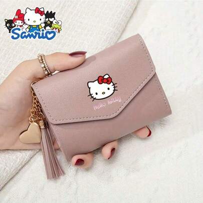 Sanrio 1pc Sanrio Genuine Hello Kitty Women's Mini Wallet - Featuring A Light Pink Soft Leather Tri - Fold Style, It Has A Secure And Convenient Snap Button Closure. There Are Multiple Built - In Card Slots And A Coin Storage Space. Matched With Same - Color Tassel And Heart - Shaped Pendant, It Is Full Of Cuteness