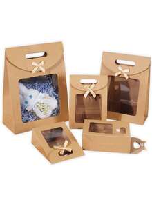 5pcs Bowknot Transparent Window Gift Bags, Extra Small/Small/Medium/Large Size, Brown Color, Suitable For Birthday Party, Christmas, Mystery Box