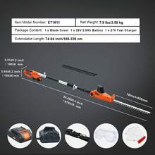 Cortasetos inalámbrico  de 20 V, hoja de acero de doble filo de 18 pulgadas, kit de cortasetos de pértiga con batería de 20 V, cargador rápido incluido, diseño telescópico de 74 a 94 pulgadas para ramas - Naranja - Ver 7