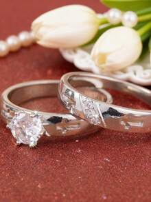 2 piezas Anillos de pareja de moda, Anillos de boda y compromiso para hombre y mujer, Regalo de joyería para aniversario, para uso diario (sin caja) - Blanco - Ver 3