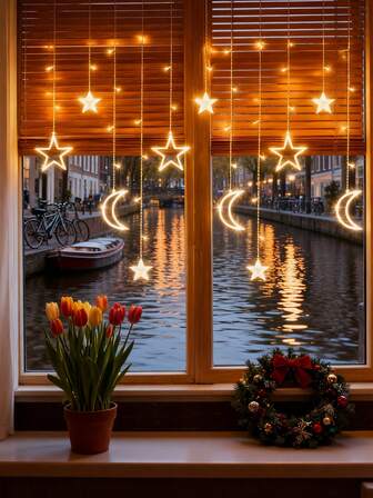 1 件圣诞氛围装饰灯，星月窗帘灯，多功能装饰灯，户外庭院星月灯，户外庭院和商店橱窗装饰，适用于生日派对、婚礼、餐厅、摊位、圣诞节