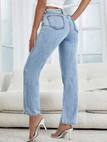 Women's Pearl Jeans, Distressed Denim Pants, High Waisted Straight Leg Pants - 淺色水洗藍 - 查看 4