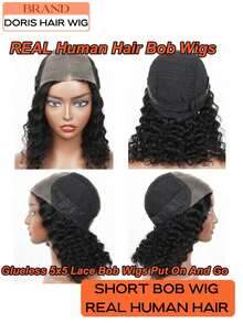 Bob Wig 100% Human Hair Wigs 200% Density Deep Curly Wave Real Human Hair Wigs OnClearance Lace Front Wig Pre Plucked Deep Water Wave Hd Lace Short Glueless Wigs For Women, Natural Black Color Brazilian Virgin Lace Wigs Pelucas De Cabello Humano 100 Natural Perfect For Daily Wear, Special Occasions, Parties, Halloween, Weddings, Dance, Cosplay,New Year, Christmas - Natural Black - View 8