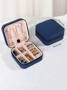 1 hộp đựng trang sức mini, hộp đựng trang sức du lịch có khóa kéo cho bông tai, dây chuyền, nhẫn, túi đựng mỹ phẩm bằng da, túi đựng đồ dùng vệ sinh cá nhân, vật dụng cần thiết khi đi du lịch, đi tàu biển, đi nghỉ mát, unisex - Màu xanh hải quân - Xem 3