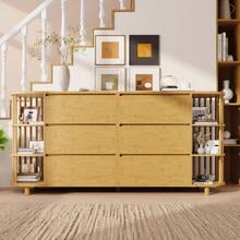 160cm Eiche Sideboard, Roman Design With Bamboo Columns And Shelves, 6 Drawers And Open Shelves, Height Adjustable Legs, H75/W160/D40 - 1 - View 2