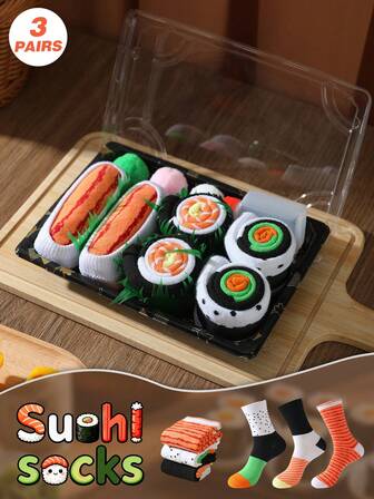 3 Pairs Novelty Sushi & Salmon Patterned Mid-Calf Socks Gift Box, 2025 Autumn/Winter New Unisex Sports Socks, Creative Food-Inspired Design, Knitted Fabric, Tall & Thick Soft Comfortable, Perfect For Easter, Birthday, Thanksgiving, Halloween, Christmas, Carnival, Valentine's Day, Family Gathering, Party, Unique Fashion Casual Daily Wear