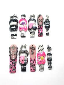 Each Set Consists Of 10 Pieces Of Y2K Square Handmade Acrylic Nail Plates, Designed In French Style With Rhinestones, Teeth, Leopard Print, And Lollipop Decorations. There Are Multiple Color Options Available, Including Nude Colors. 3 Sizes To Fit, Suitable For Parties, Dances, And Daily Wear, Comes With A Nail Kit, Making It An Ideal Press On Nails Gift For Ladies And Girls. - 彩色 - 查看 2