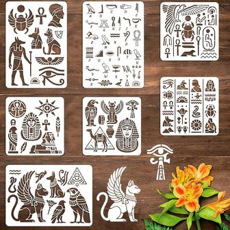 7 件埃及象形文字模具用于绘画 PET 模板古代复古镶嵌边框模具用于家具可重复使用 DIY 工艺墙布帆布纸家居装饰