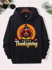 Men'S Happy Thanksgiving Turkey Graphic Hooded Sweatshirt - Black With Orange Lettering & Cartoon Turkey Design, Loose Fit Pullover Hoodie With  Pocket, Long Sleeve Casual Sweatshirt For Fall, Christmas & Thanksgiving Gifts, All-Season Comfortable Men'S Clothing,Fall Hoodies,Men's Fall Clothes,Street Wear,Halloween,Mens Hoodies,Y2k Clothes,Jesus Hoodie,Thanksgiving Day,Nightmare Before Christmas,Christmas - 黑色 - 查看 1