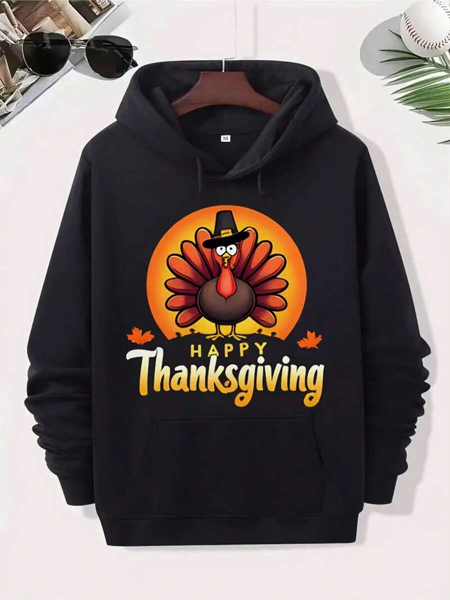 Men'S Happy Thanksgiving Turkey Graphic Hooded Sweatshirt - Black With Orange Lettering & Cartoon Turkey Design, Loose Fit Pullover Hoodie With  Pocket, Long Sleeve Casual Sweatshirt For Fall, Christmas & Thanksgiving Gifts, All-Season Comfortable Men'S Clothing,Fall Hoodies,Men's Fall Clothes,Street Wear,Halloween,Mens Hoodies,Y2k Clothes,Jesus Hoodie,Thanksgiving Day,Nightmare Before Christmas,Christmas - 黑色 - 查看 1