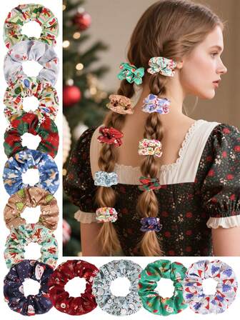 12pcs Christmas Party Polyester Curly Hair Scrunchies, Festive & Fashionable Hair Accessories Set For Women ,Hair Ties ,Scrunchy Hair Ties