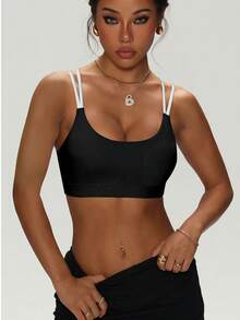 女士纯色圆领交叉可拆卸衬垫时尚针织运动文胸 - 黑色 - 查看 4