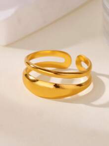1 pieza Anillo doble grueso minimalista para mujer, chapado en oro de 18K, de acero inoxidable con diseño geométrico abierto, regalo de joyería para boda o Navidad - Multicolor - Ver 2