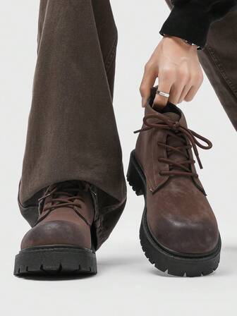 Men's Fashion Round Toe High-Top Boots, Thick Sole, Anti-Slip, Vintage Casual Style, Ankle Boots For Plus Size Men, Winter Outdoor