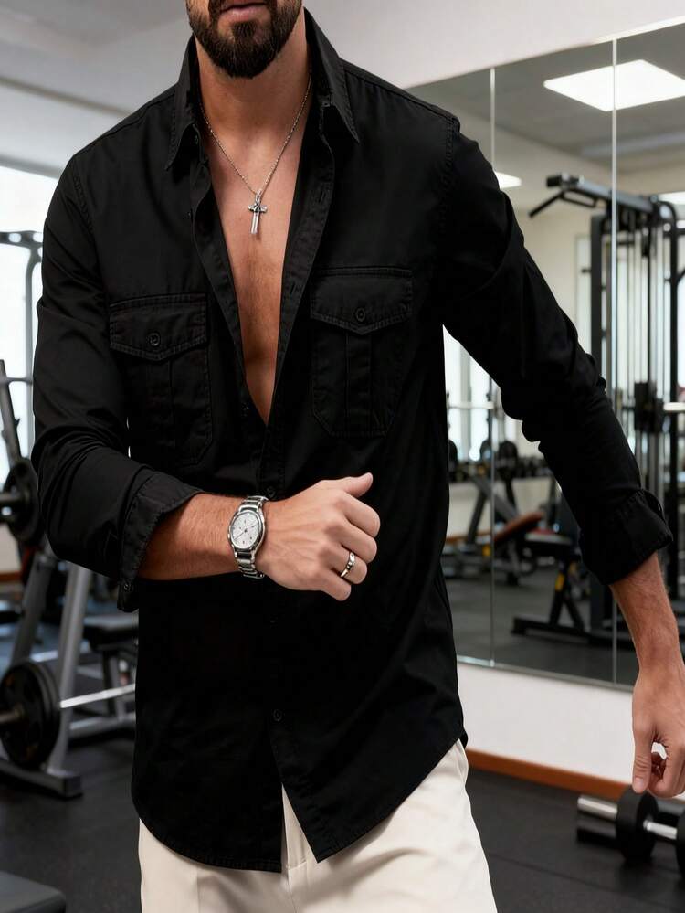 Men's Casual Long Sleeve Formal Shirt Solid Color For All Styles Men's Casual Long Sleeve Formal Shirt With Multi-Pockets Autumn - màu đen - Xem 2