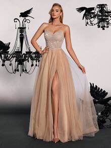 VIPGIRL VIP GIRL 优雅高端奢华小众手工刺绣宴会礼服，浅棕色 - 棕色 - 查看 3