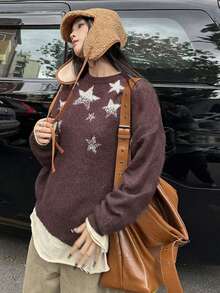 Vintage Design Crew Neck Split Sleeve Loose Pullover Knit Sweater Top For Women, Autumn/Winter - Coffee Brown - View 2